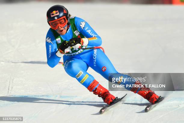 Sofia Goggia of Italy races during Audi FIS Ski World Cup Women's 2021 Super-G skiing championship race at Lake Louise Ski Resort in Banff National...