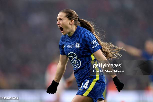 Fran Kirby of Chelsea celebrates scoring the first goal during The Vitality Women's FA Cup Final between Arsenal and Chelsea at Wembley Stadium on...