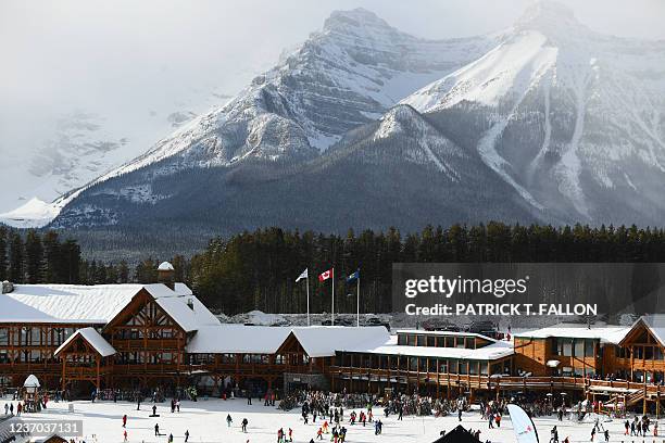 Mountains stand above Lake Louise Ski Resort after the Audi FIS Ski World Cup Women's 2021 Super-G skiing championship race at Lake Louise Ski Resort...
