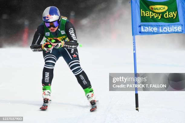 Alice Robinson of New Zealand races during Audi FIS Ski World Cup Women's 2021 Super-G skiing championship race at Lake Louise Ski Resort in Banff...