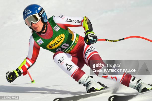 Christine Scheyer of Austria races during Audi FIS Ski World Cup Women's 2021 Super-G skiing championship race at Lake Louise Ski Resort in Banff...