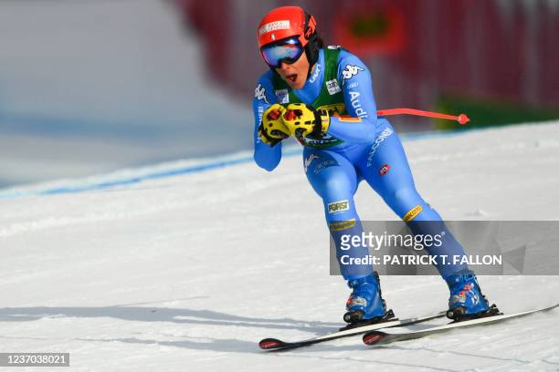 Federica Brignone of Italy races during Audi FIS Ski World Cup Women's 2021 Super-G skiing championship race at Lake Louise Ski Resort in Banff...