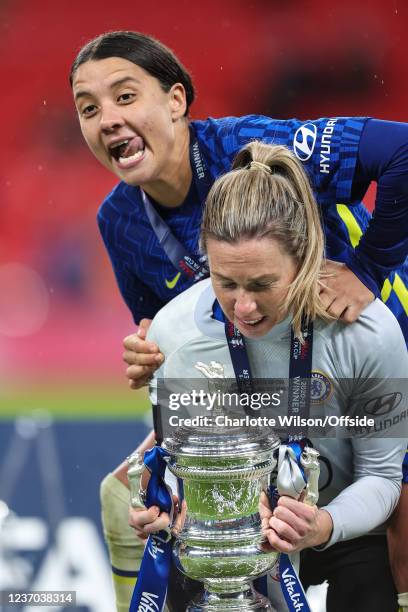 Sam Kerr celebrates with goalkeeper Carly Telford during the Vitality Womens FA Cup Final between Arsenal and Chelsea Women at Wembley Stadium on...