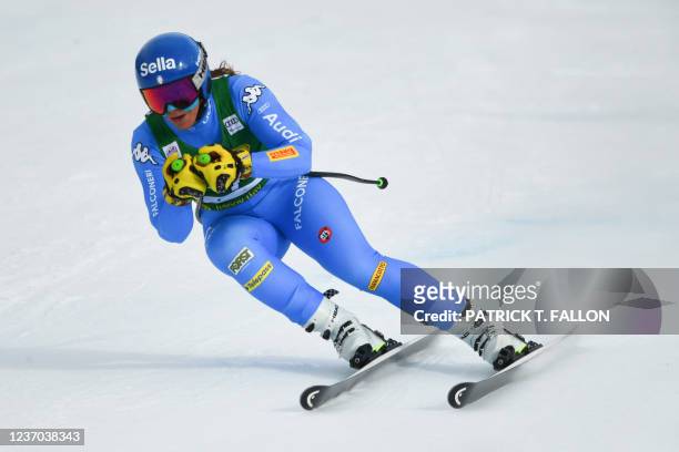 Elena Curtoni of Italy races during Audi FIS Ski World Cup Women's 2021 Super-G skiing championship race at Lake Louise Ski Resort in Banff National...