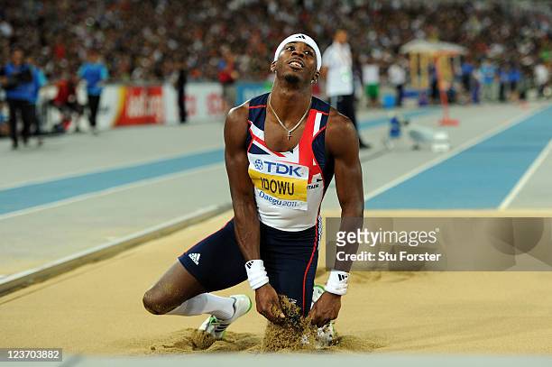 Phillips Idowu of Great Britain reacts during the men's triple jump final during day nine of 13th IAAF World Athletics Championships at Daegu Stadium...