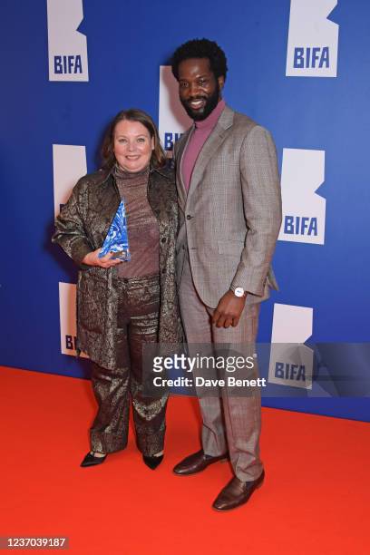 Joanna Scanlan, winner of the Best Actress award for "After Love", and Sope Dirisu pose in the winners room during the 24th British Independent Film...