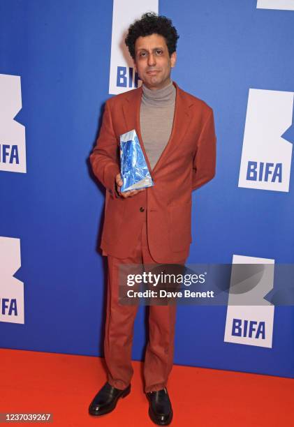 Adeel Akhtar, winner of the Best Actor award for "Ali & Ava", poses in the winners room during the 24th British Independent Film Awards at Old...