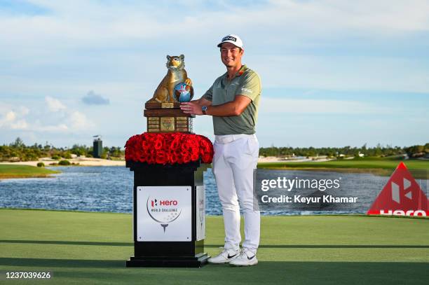 Viktor Hovland of Norway smiles during the trophy ceremony following his victory in the final round of the Hero World Challenge at Albany on December...