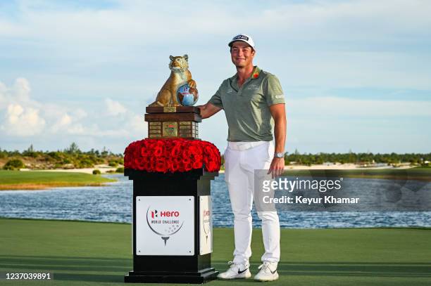 Viktor Hovland of Norway smiles during the trophy ceremony following his victory in the final round of the Hero World Challenge at Albany on December...
