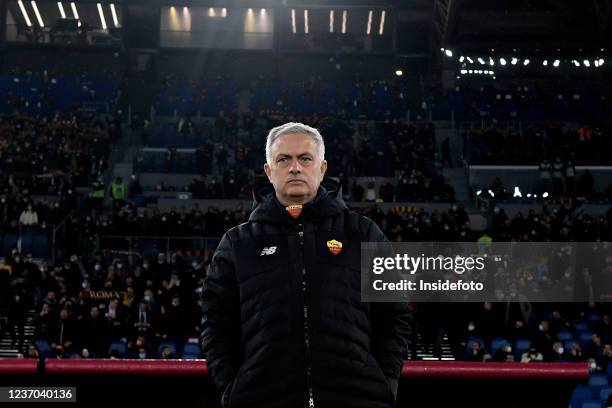 Jose Mourinho coach of AS Roma looks on during the Serie A football match between AS Roma and FC Internazionale. FC Internazionale won 3-0 over AS...