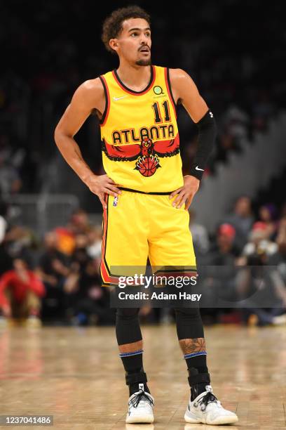 Trae Young of the Atlanta Hawks during the game against the Charlotte Hornets on December 5, 2021 at State Farm Arena in Atlanta, Georgia. NOTE TO...