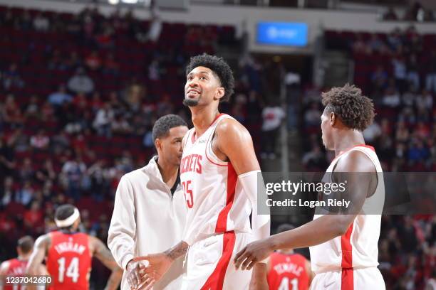 Christian Wood of the Houston Rockets smiles during the game against the New Orleans Pelicans on December 5, 2021 at the Toyota Center in Houston,...