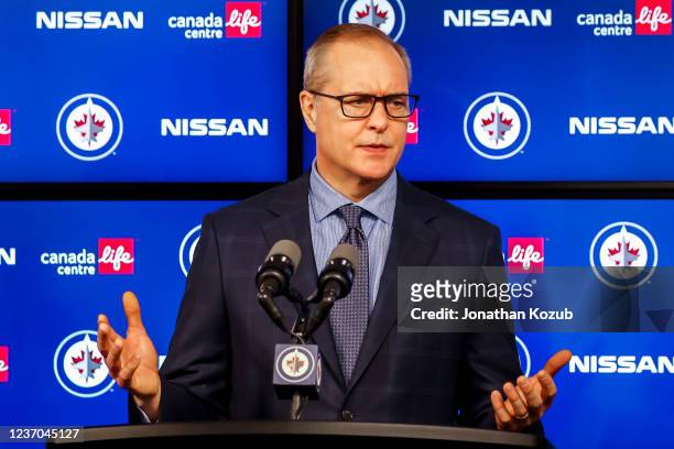 Head Coach Paul Maurice of the Winnipeg Jets takes part in the post-game press conference following a 6-3 victory over the Toronto Maple Leafs at the...