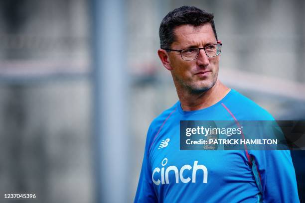 England's bowling coach Jon Lewis looks on during a net training session at the Gabba in Brisbane on December 6 ahead of the opening Ashes Test...