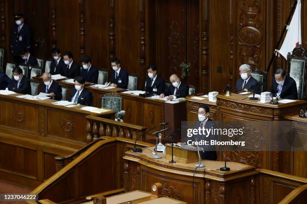 Fumio Kishida, Japan's prime minister, delivers a policy speech during an extraordinary session at the lower house of parliament in Tokyo, Japan, on...