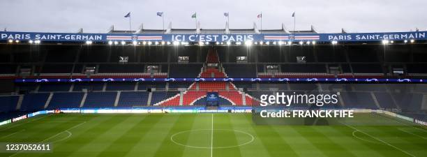 This picture taken on December 6, 2021 shows the Parc des Princes Stadium in Paris on the eve of the UEFA Champions Leage first round group A...