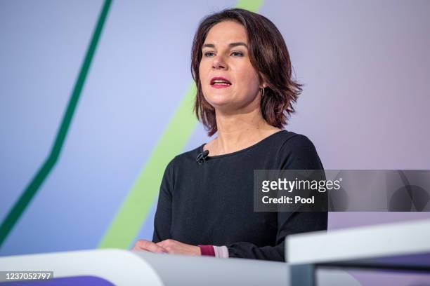 Annalena Baerbock, Party Chairwoman and Federal Foreign Minister designate speaks to the media on December 6, 2021 in Berlin, Germany. The new...