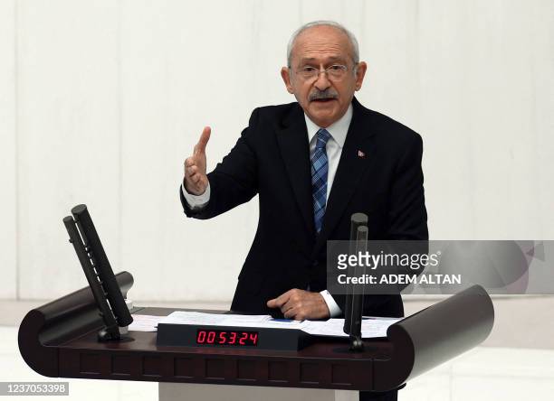 Turkey's main opposition CHP party leader Kemal Kilicdaroglu addresses a parliamentary session debating on the country's 2022 budget at Grand...