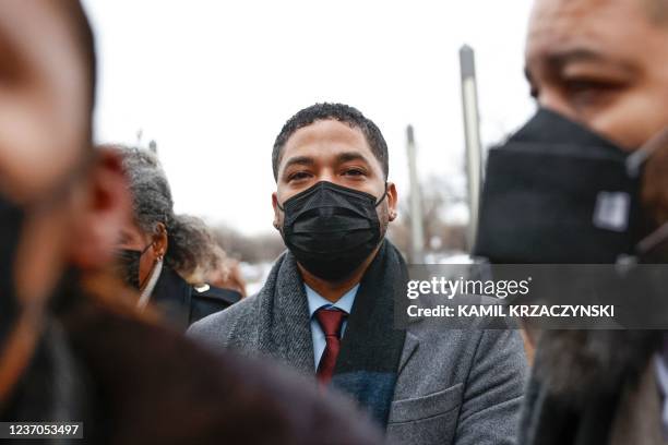 Jussie Smollett arrives at the Leighton Criminal Court Building for his trial on disorderly conduct charges on December 6 2021 in Chicago, Illinois....