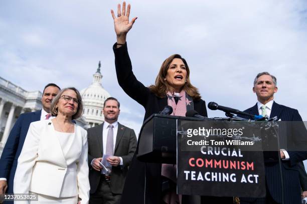 Rep. María Elvira Salazar, R-Fla., conducts a news conference to introduce the Crucial Communism Teaching Act outside the U.S. Capitol on Thursday,...