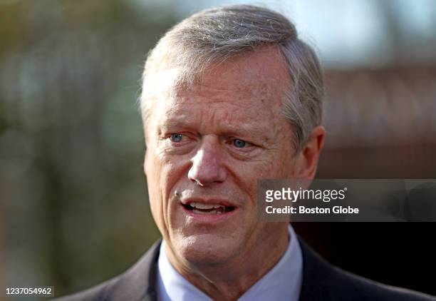 Worcester, MA Governor Charlie Baker spoke to the media after he attended the 37th and 38th Annual Trooper George L. Hanna Memorial Awards for...