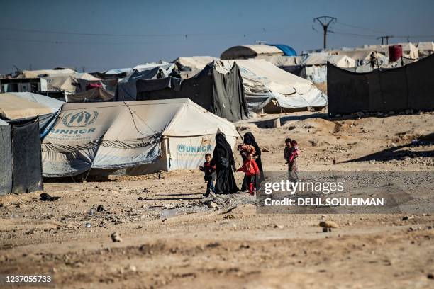 Picture shows the Kurdish-run al-Hol camp, which holds relatives of suspected Islamic State group fighters in the northeastern Hasakeh governorate,...