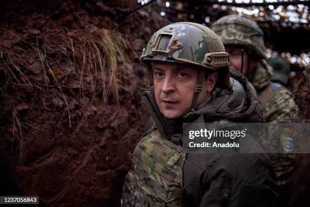 Ukrainian President Volodymyr Zelensky visits the front-line positions of Ukrainian military in Donbass, Ukraine on December 06, 2021.