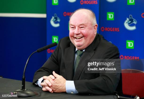 Head coach Bruce Boudreau of the Vancouver Canucks talks to the media before their NHL game against the the Los Angeles Kings at Rogers Arena...