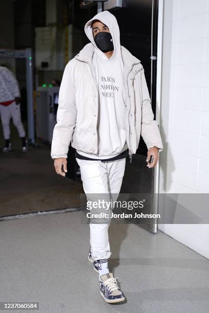 Timothe Luwawu-Cabarrot of the Atlanta Hawks arrives to the arena before the game against the Minnesota Timberwolves on December 6, 2021 at Target...