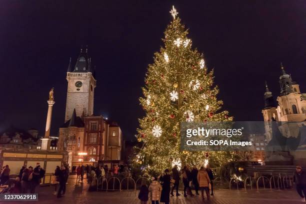 Illuminated Christmas tree seen at the Old town square in Prague. Prague's famous Old Town Square Christmas market is shut down due to the...