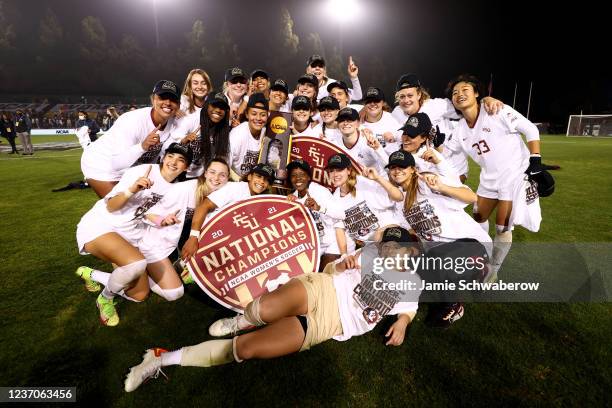 The Florida State Seminoles celebrate their victory over the BYU Cougars during the Division I Women's Soccer Championship held at Stevens Stadium on...