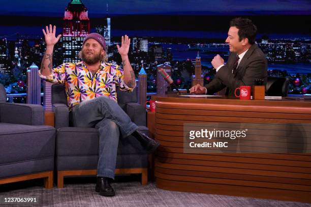 Episode 1565 -- Pictured: Actor Jonah Hill during an interview with host Jimmy Fallon on Monday, December 6, 2021 --
