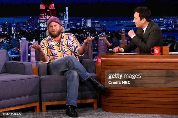 Episode 1565 -- Pictured: Actor Jonah Hill during an interview with host Jimmy Fallon on Monday, December 6, 2021 --