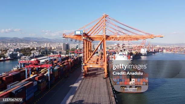 An aerial view from Mersin International Port, which is active with the increase in exports, in Mersin, Turkey on December 01, 2021. While Turkey...
