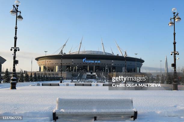 View of the Gazprom Arena stadium in Saint Petersburg on December 7, 2021 on the eve of the UEFA Champions League group H football match between...