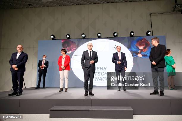 Norbert Walter-Borjans, co-leader of the SPD, Rolf Muetzenich, SPD Bundestag faction leader, Saskia Esken, co-leader of the SPD, Olaf Scholz of the...
