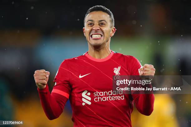 Thiago Alcantara of Liverpool celebrates during the Premier League match between Wolverhampton Wanderers and Liverpool at Molineux on December 4,...