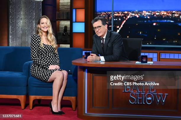 The Late Show with Stephen Colbert and guest Jennifer Lawrence during Monday's December 6, 2021 show.
