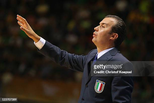 Head coach Simone Pianigiani of Italy issues instructions during the EuroBasket 2011 first round group B match between Italy and France at Siauliai...