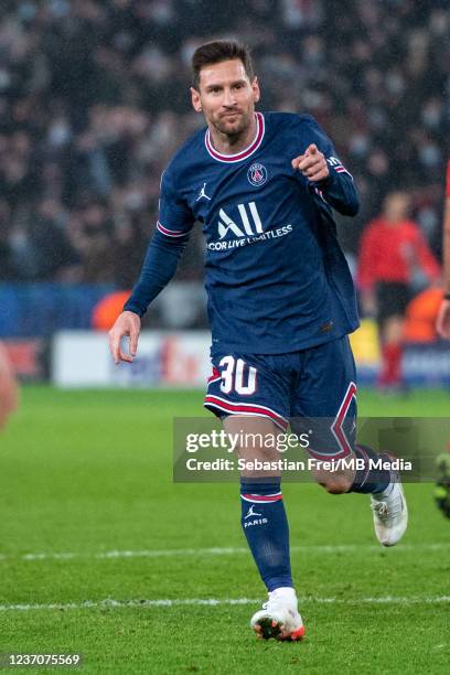 Lionel Messi of Paris Saint-Germain celebrates after scoring his 1st goal during the UEFA Champions League group A match between Paris Saint-Germain...