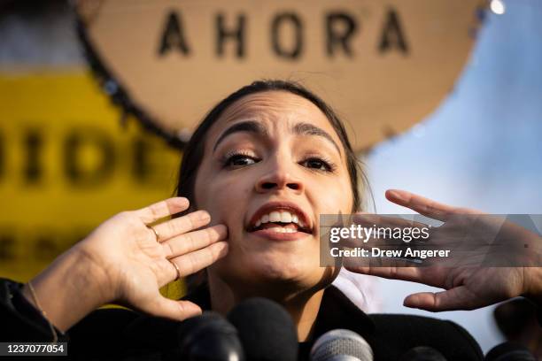 Rep. Alexandria Ocasio-Cortez speaks during a rally for immigration provisions to be included in the Build Back Better Act outside the U.S. Capitol...