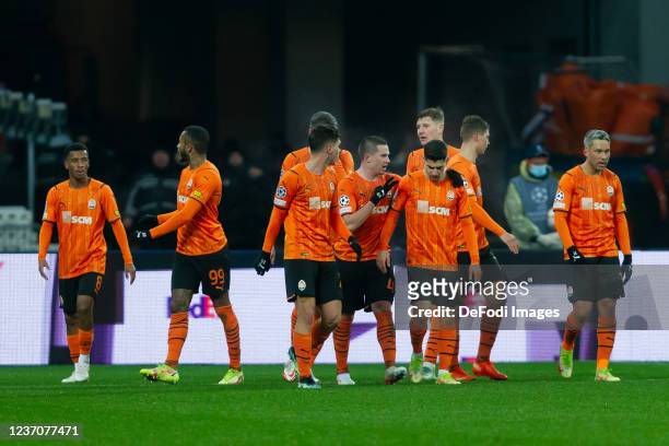 Fernando of FC Shakhtar Donetsk celebrates after scoring his team's first goal with teammates during the UEFA Champions League group D match between...