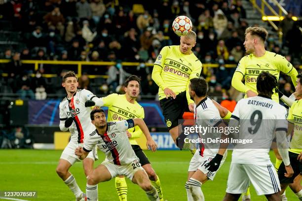 Erling Haaland of Borussia Dortmund scores his team's fifth goal during the UEFA Champions League group C match between Borussia Dortmund and...