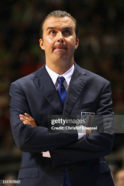 Head coach Simone Pianigiani of Italy looks thoughtful during the EuroBasket 2011 first round group B match between Italy and France at Siauliai...