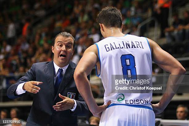 Head coach Simone Pianigiani of Italy talks to Danilo Gallniari of Italy during the EuroBasket 2011 first round group B match between Italy and...