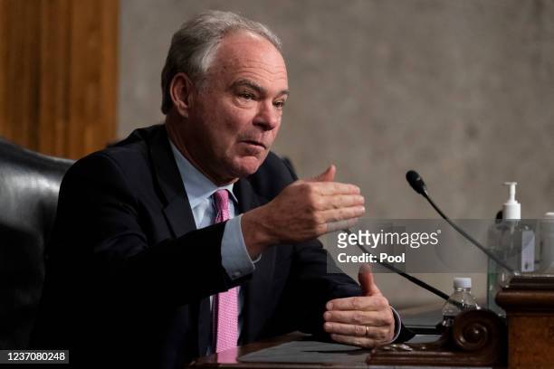 Sen. Tim Kaine speaks during a Senate Foreign Relations Committee hearing to examine U.S.-Russia policy at the U.S. Capitol on December 7, 2021 in...