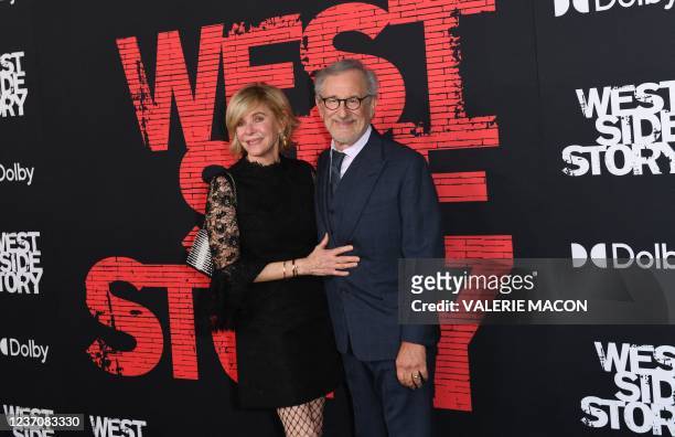 Director Steven Spielberg and his wife actress Kate Capshaw arrive for the premiere of "West Side Story" at the El Capitan Theatre in Los Angeles on...