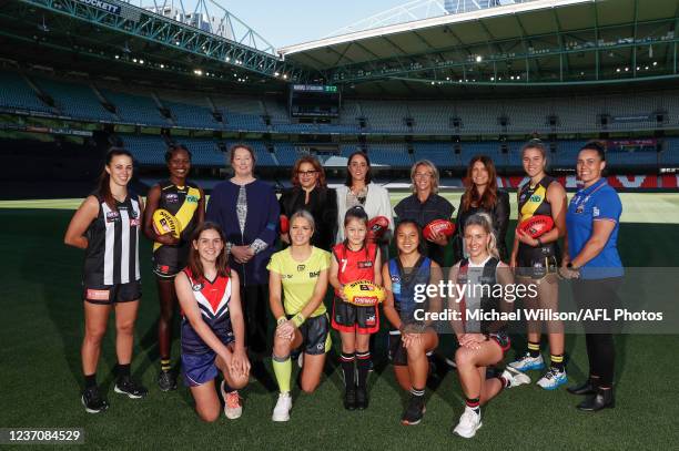 Chloe Molloy of the Magpies, Akec Makur Chuot of the Tigers, AFL Commissioner Simone Wilkie, Tanya Hosch, Executive General Manager of the AFL,...