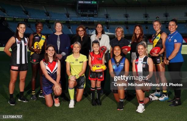 Chloe Molloy of the Magpies, Akec Makur Chuot of the Tigers, AFL Commissioner Simone Wilkie, Tanya Hosch, Executive General Manager of the AFL,...