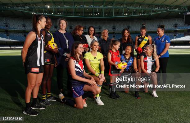 Chloe Molloy of the Magpies, Akec Makur Chuot of the Tigers, AFL Commissioner Simone Wilkie, Tanya Hosch, Executive General Manager of the AFL,...